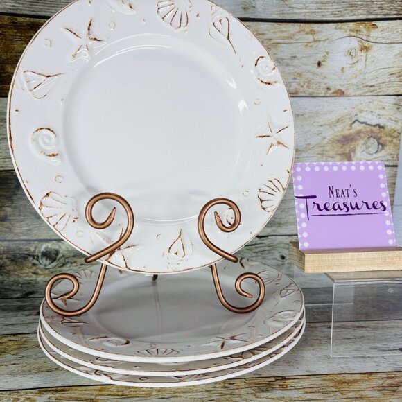 Thomson Pottery HAMPTON Seashells Embossed Rustic Off White Dinner Plates Set 4 - Picture 1 of 16